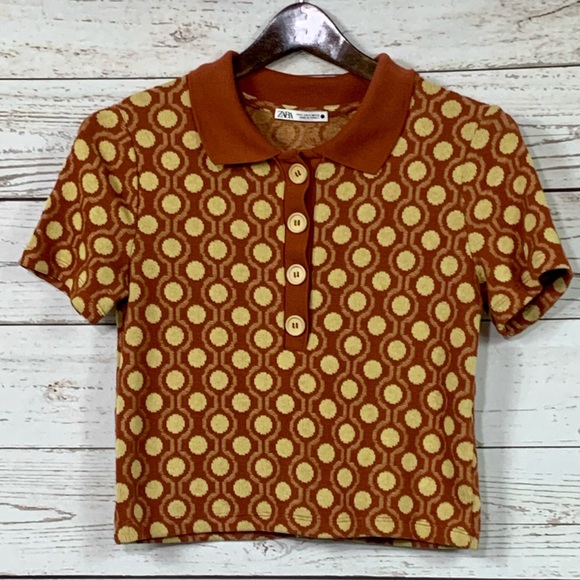 Zara Crop Collared Buttons Burnt Orange yellow Thin Soft Knit Top - Picture 7 of 11